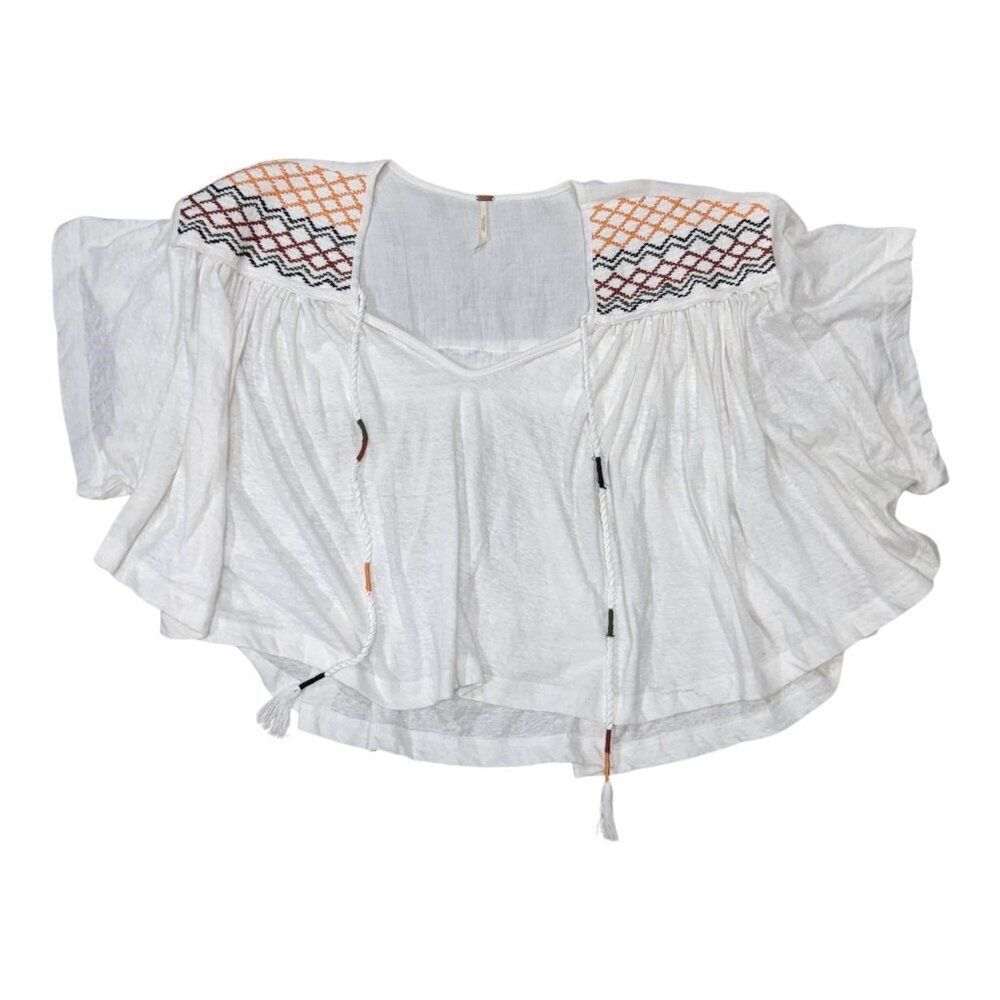 Free People Peasant Style Blouse Womens Sz L Embroidered Market Tee Boho Hippie
